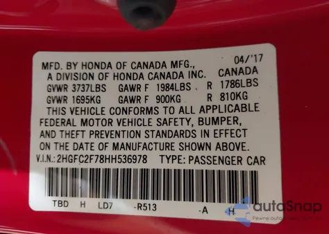 2017 Honda Civic Ex из США, поврежденный, VIN 2HGFC2F78HH536978